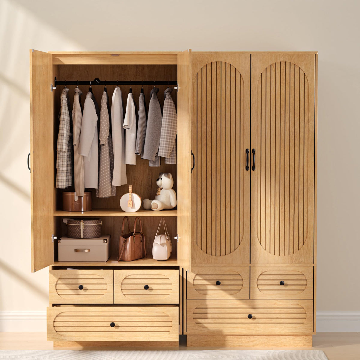Fluted Wardrobe Armoire with 3 Drawers