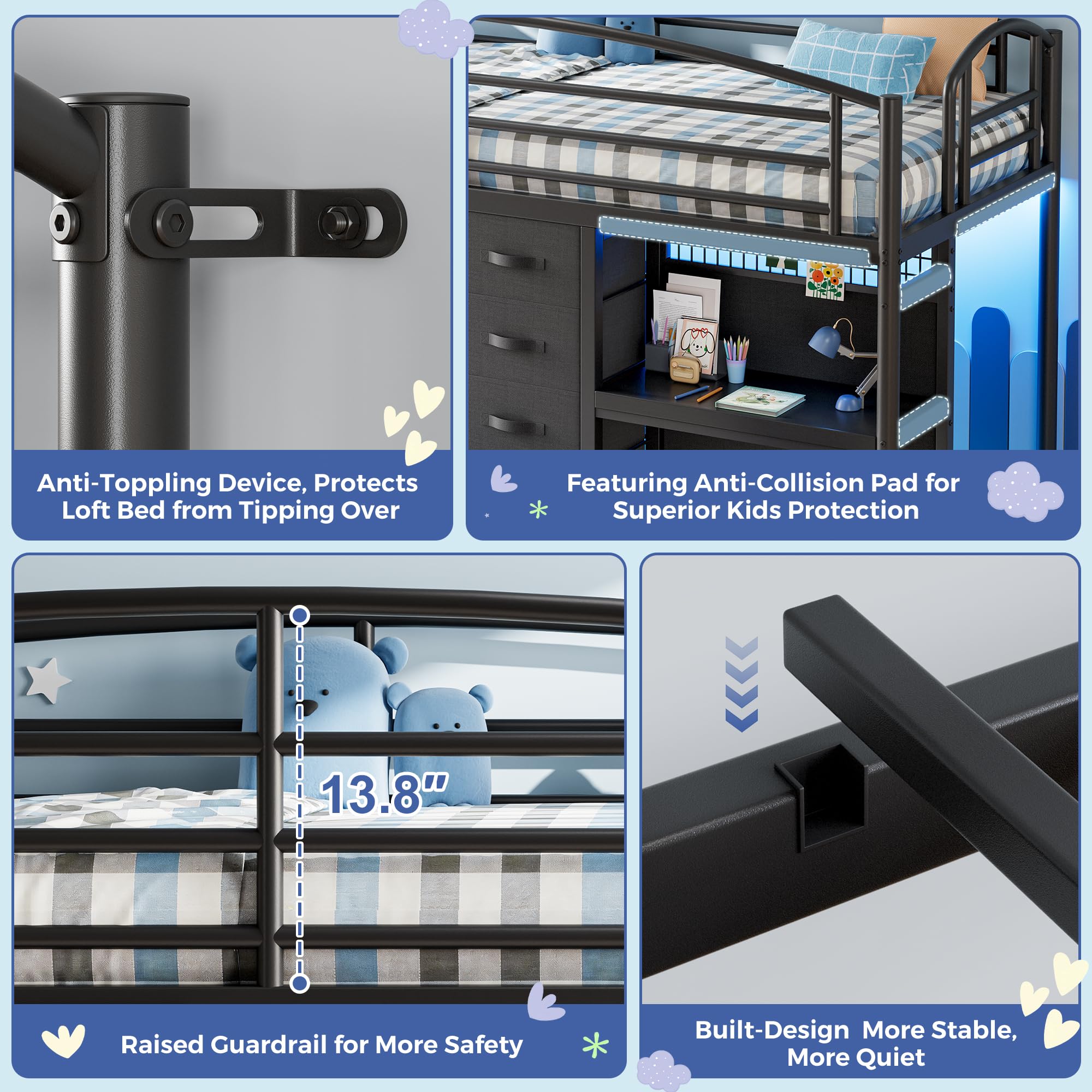 Low Loft Bed Twin Size with 7 Storage Drawers, Desk and LED Lights, Heavy Duty Metal Kids Loft Bed with 12" H Safety Guardrail, Anti-Collision Pad, Private Play Curtain, Under-Bed Play Space - Black