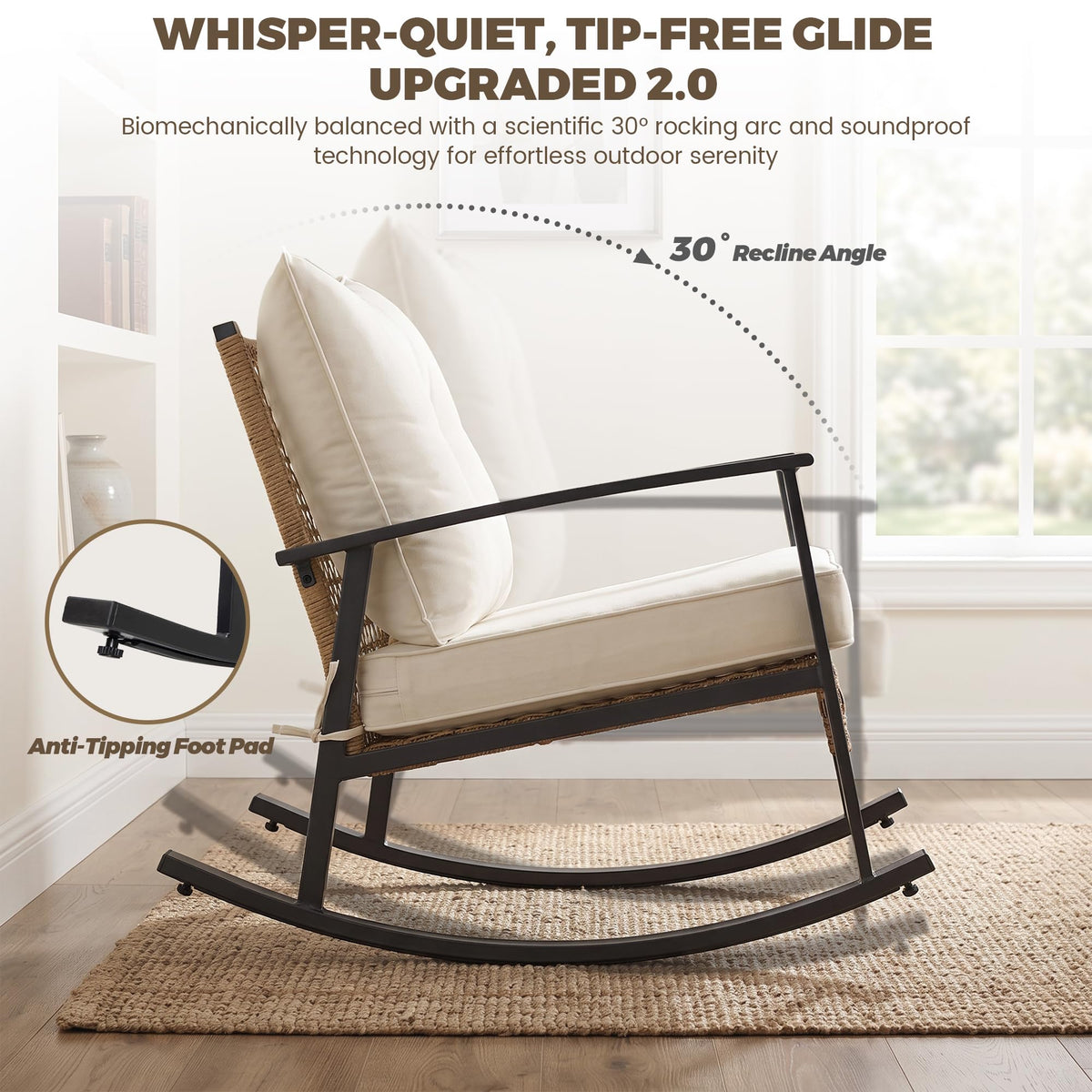 TARKARI 3-Piece Patio Rocking Chairs Set of 2, Rocking Chair Bistro Set [Upgraded 2.0] & 2-Tier Coffee Table, Wicker Rocking Chair Outdoor Patio Furniture Set for Backyard, Porch, Balcony (Beige)