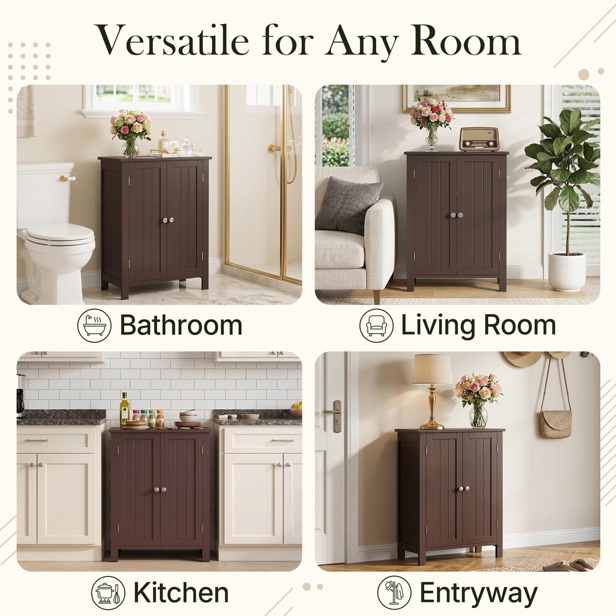 SUPER DEAL Modern Bathroom Floor Storage Cabinet with Adjustable Shelf and Double Door Rust Proof, Living Room Modern Home Furniture Storage Organizer Cabinet, Brown