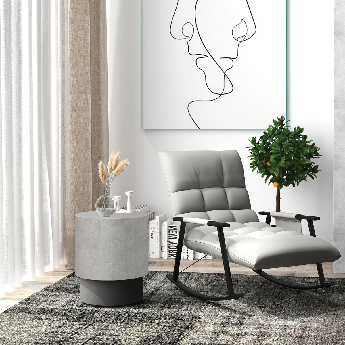 HOMCOM Concrete Finish End Table Round Outdoor Side Table Gray