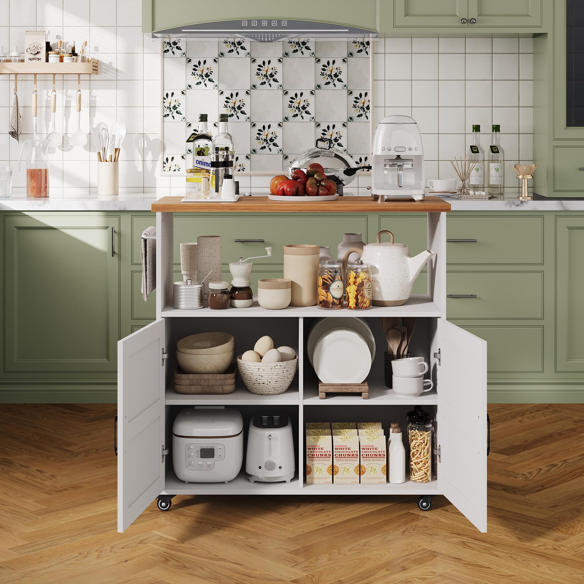IDEALHOUSE Rolling Kitchen Island with Storage Cabinet, 40.4'' Width Kitchen Cart, Portable Mobile Kitchen Island with Towel Rack, Wood Top and Lockable Wheels for Kitchen, Dining Room