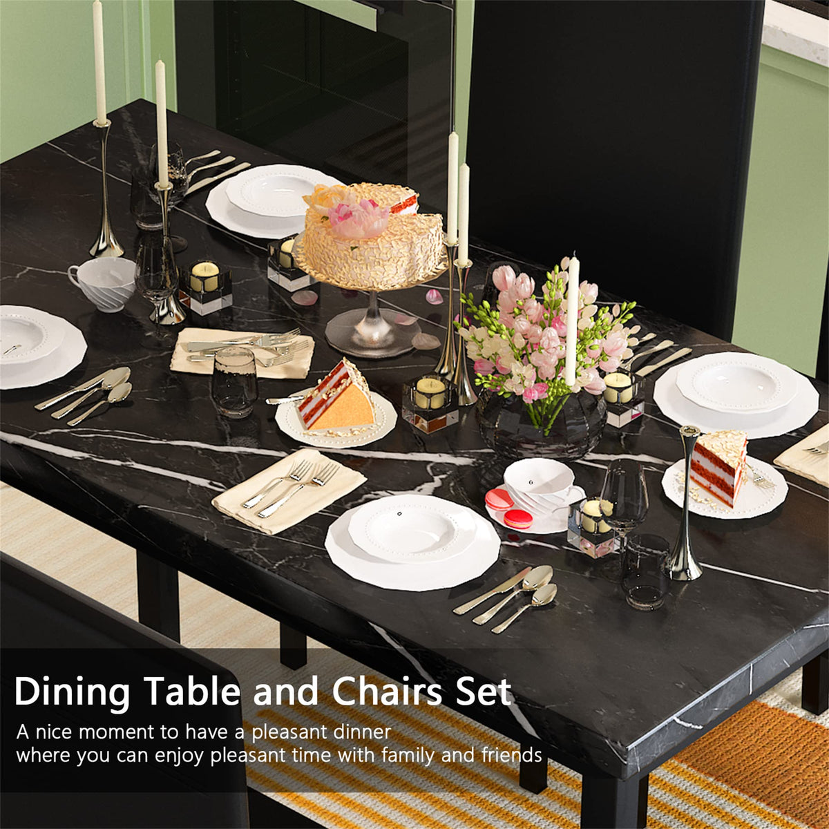 Recaceik Dining Table Set for 4, Kitchen Table and Chairs Set with Faux Marble Tabletop & 4 Leather Upholstered Chairs for Kitchen Dining Room, Breakfast Nook, Compact Space, Dinette Set