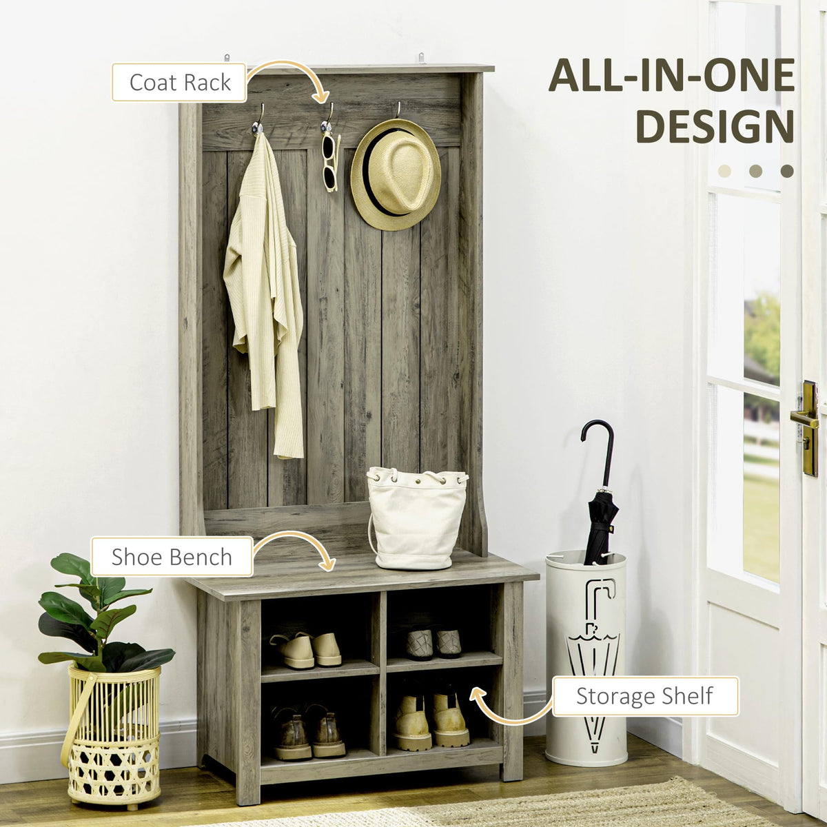 Grey Hall Tree with Shoe Storage Bench