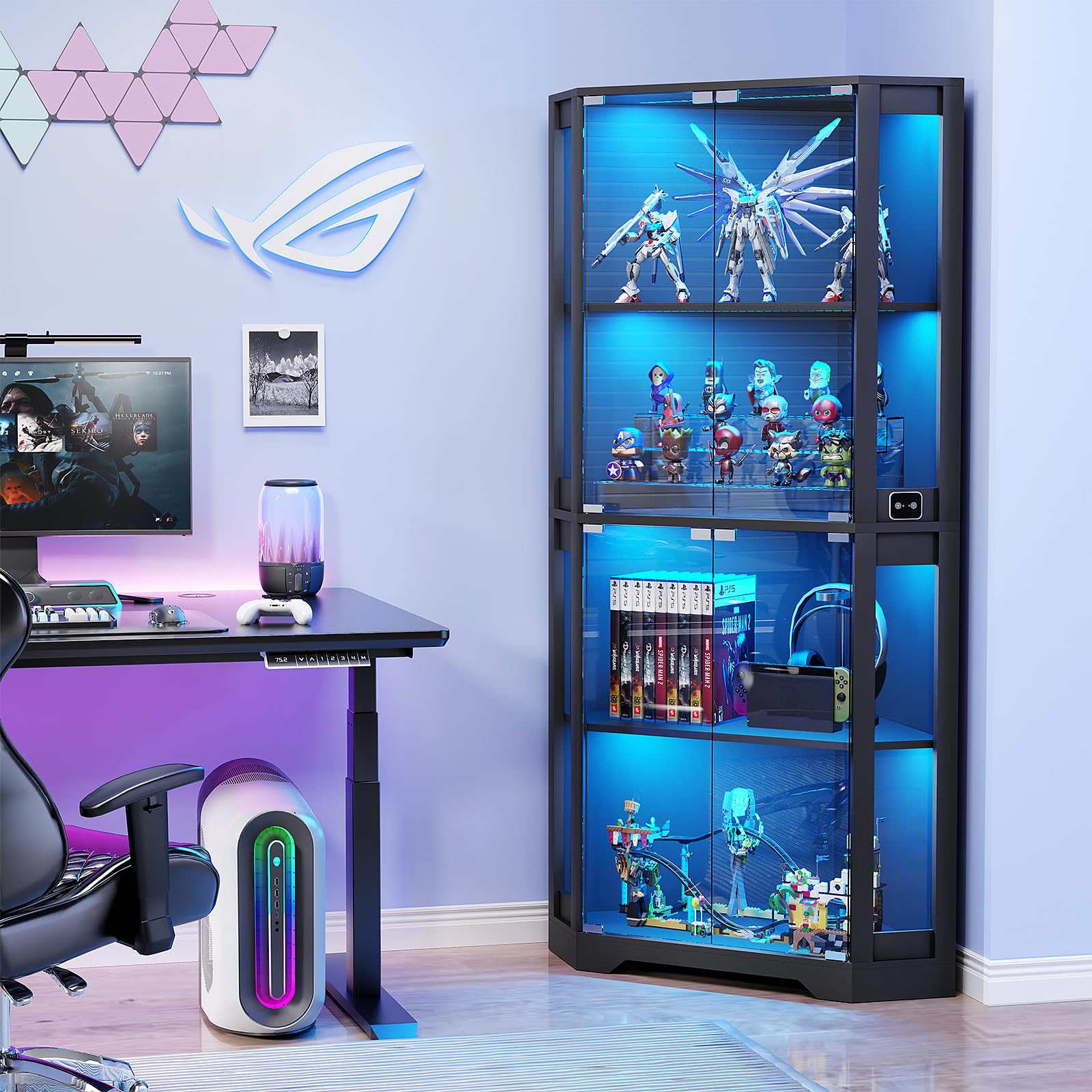 4-Tier Corner Glass Display Cabinet with LED Lights