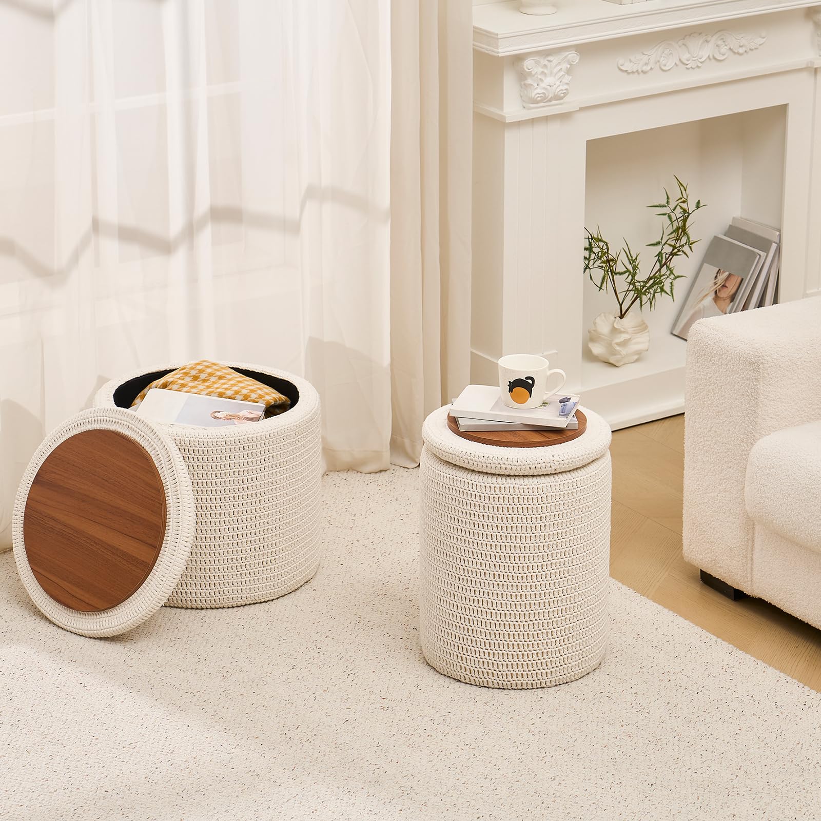 Wimarsbon Pouf Ottoman, 100% Cotton Knitted Boho Footstool, Round Footrest with Non-Skid Wood Legs, Home Décor Handmade Pouffe, Leisure Floor Step Stool for Living Room (18inch Storage Ottoman)