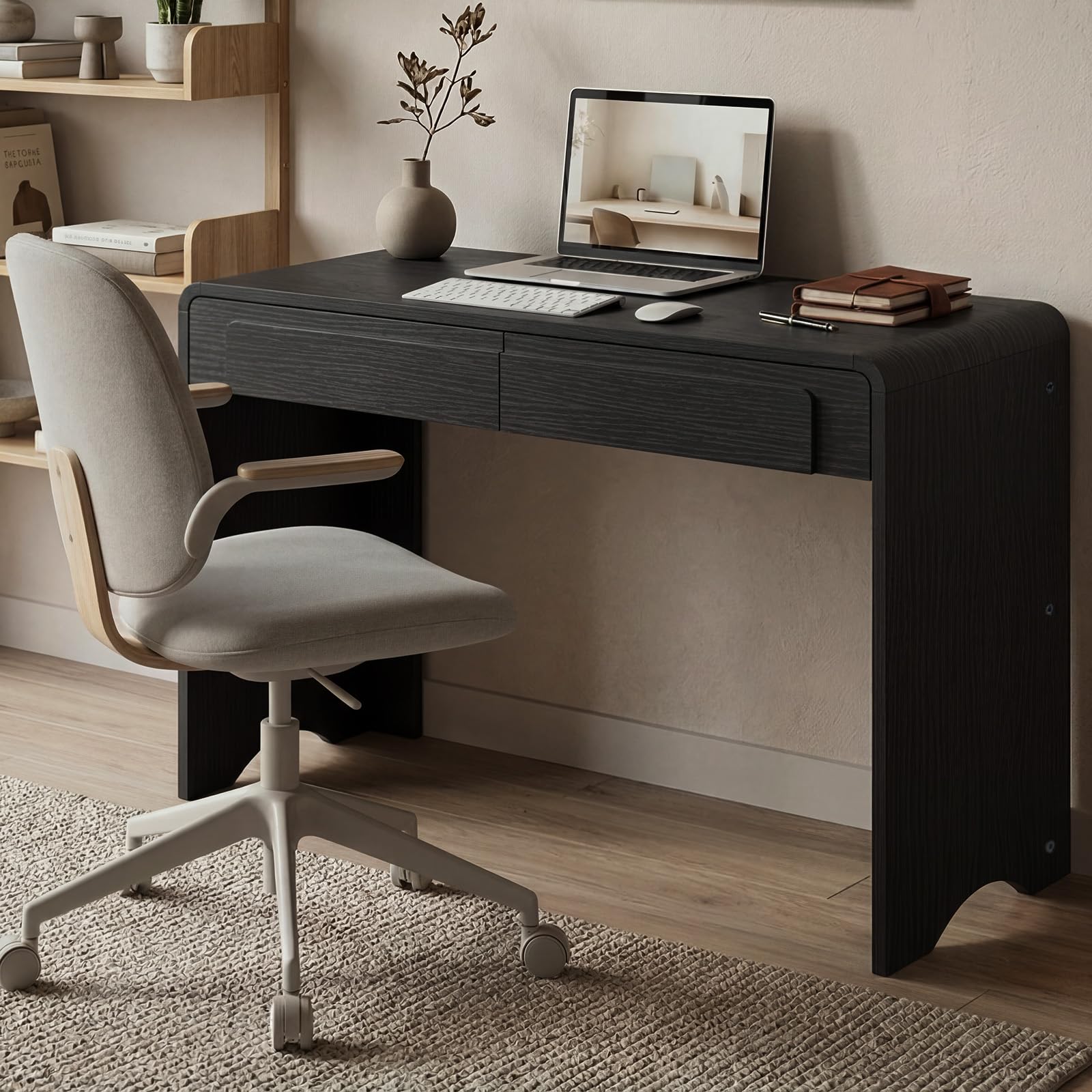 Bestier Computer Desk with 2 Drawers, 47 Inch Wood Home Office Desk, Small Writing Table with Curved Handles & Waterfall Rounded Edges, Cute Modern Desks for Bedroom Study Living Room, Black
