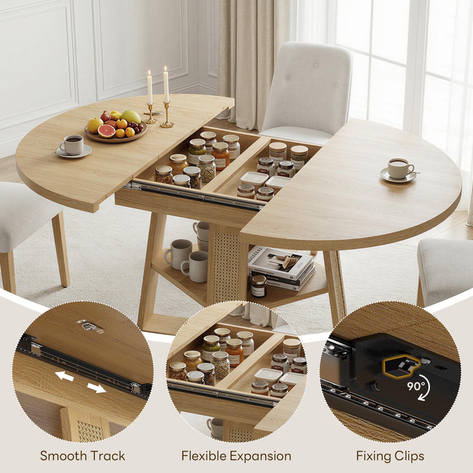 Extendable Round Dining Table with Storage Shelf