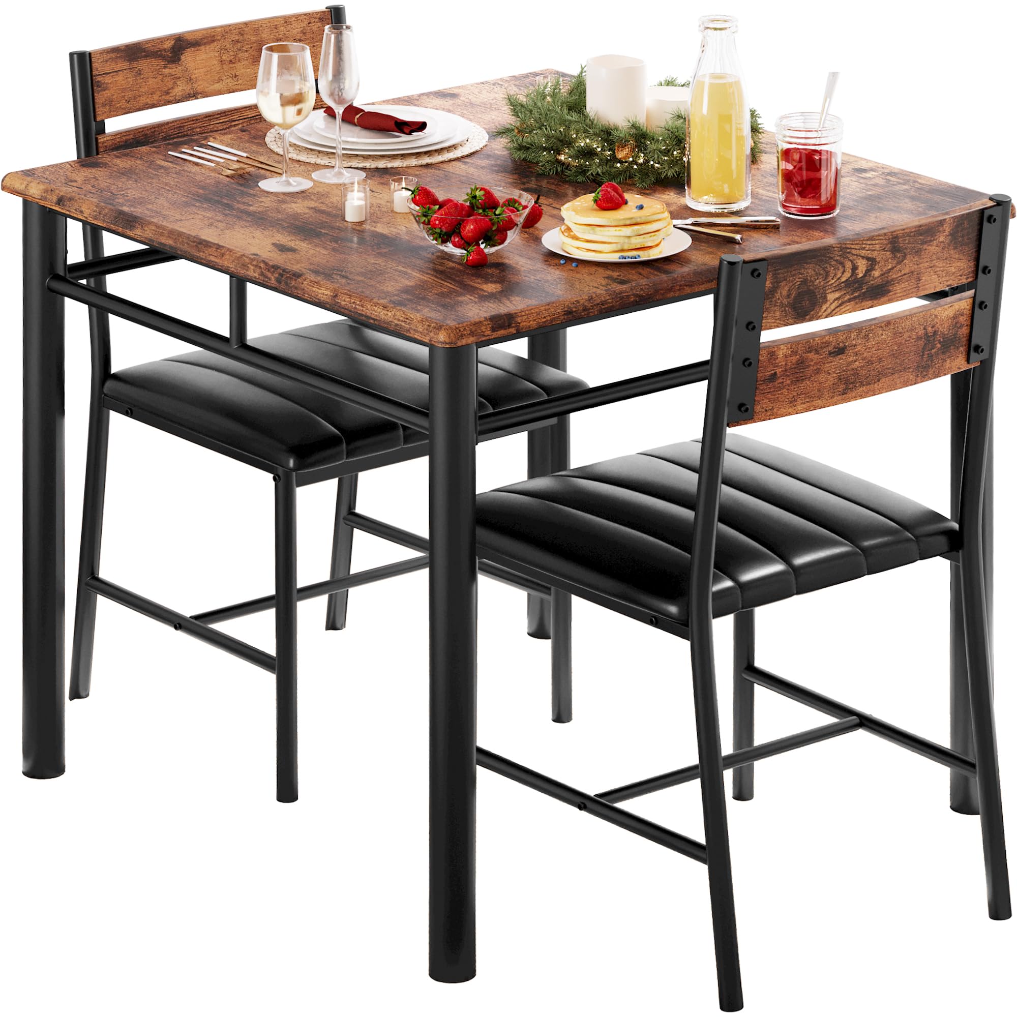 IRONCK Dining Table Set for 2, Small Kitchen Table with Upholstered Chairs Dinning Table Set for Kitchen & Dining Room, Compact Dining Set for Small Spaces, Rustic Brown