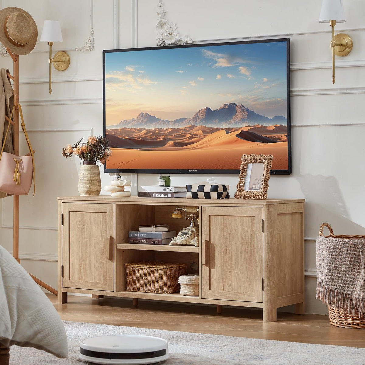 Joaxswe Farmhouse 55" Natural Oak Tv Stand, Tv Consoles for Living Room