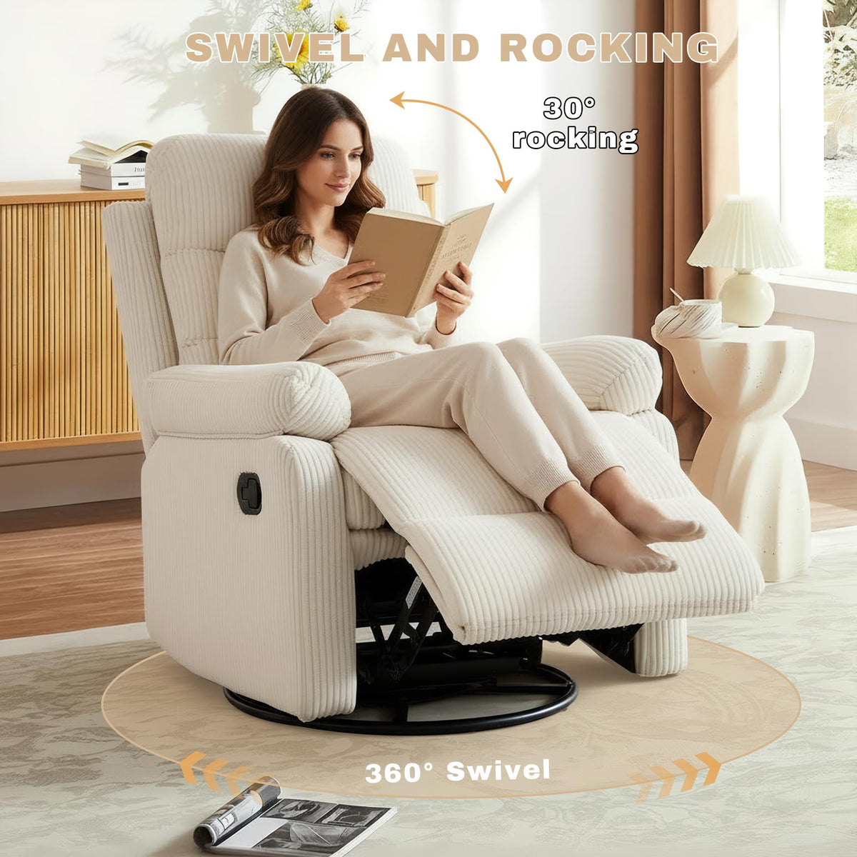 GAOHAPY Rocking Recliner Chair,Modern Swivel Glider Recliner Chair,Corduroy Fabric Upholstery Recliner,Manual Reclining Sofa Chair for Living Room,Office,Apartment (Beige)