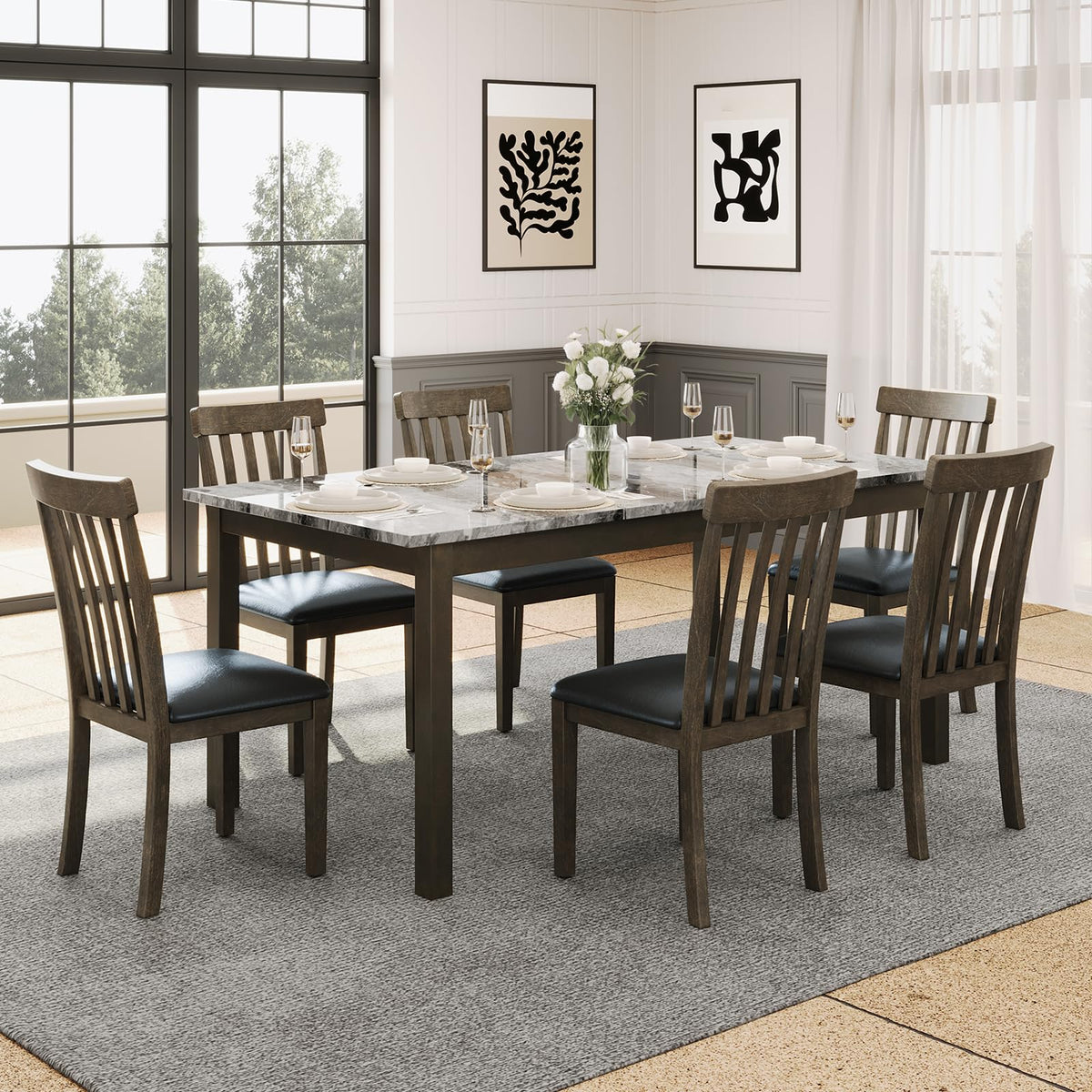 AMERLIFE 7-Piece Dining Table Set with Chairs, Faux Marble Table, Brown