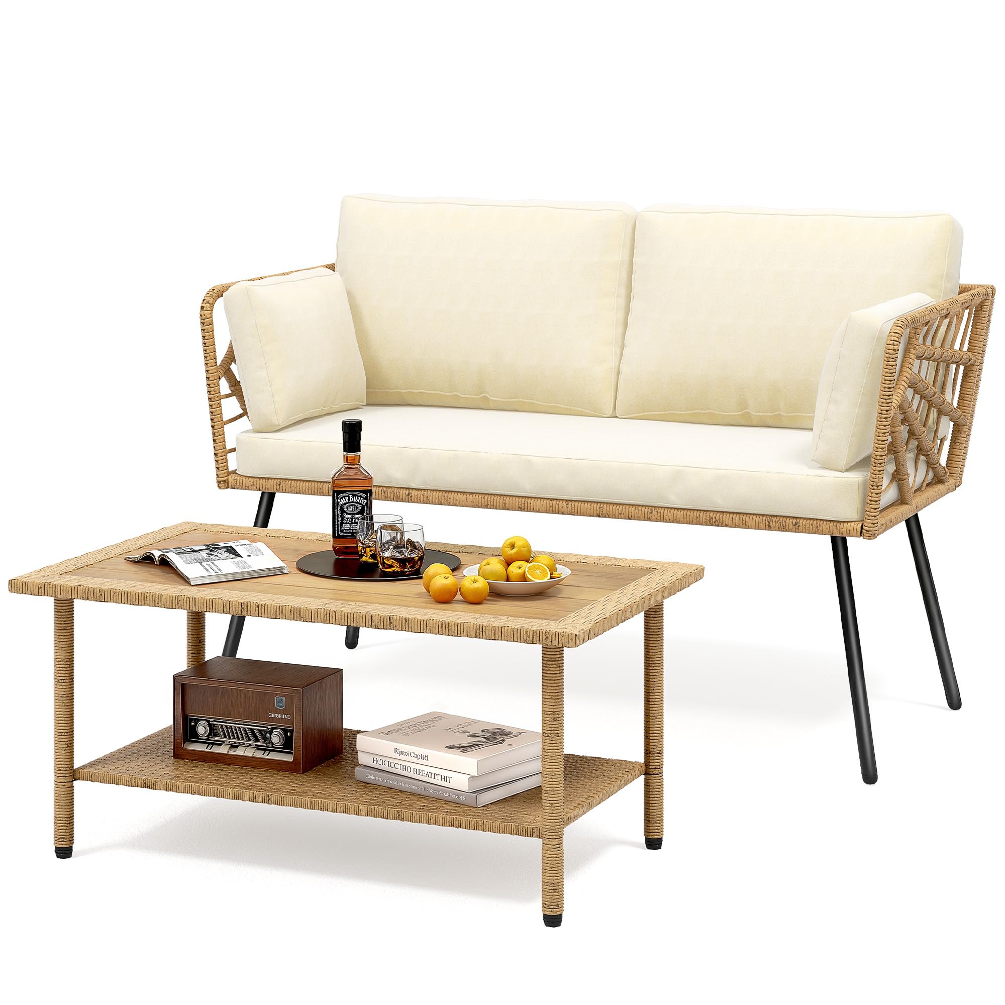 Wicker Rattan Patio Loveseat Set with Cushions & Side Table