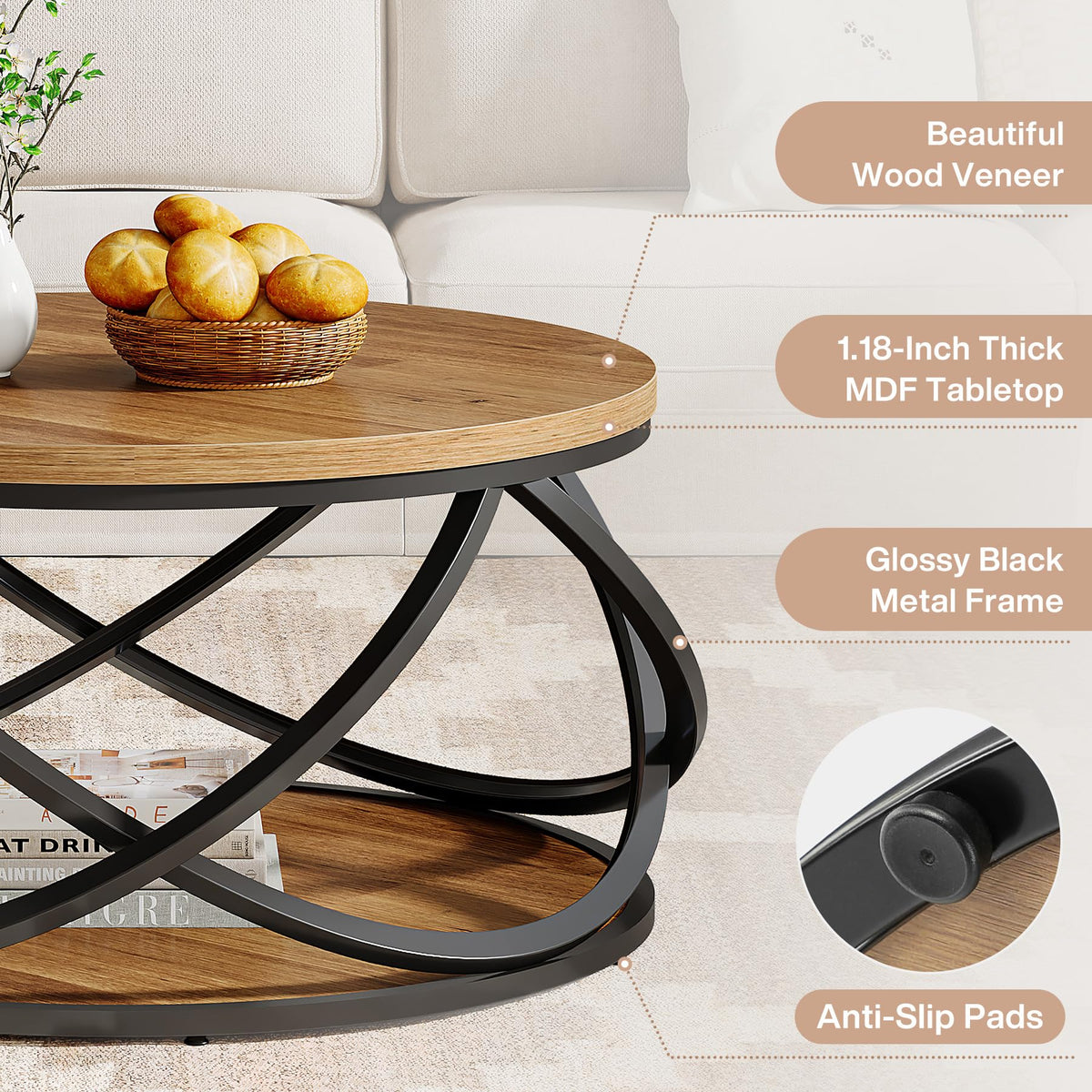 Round Coffee Table with Storage Shelf