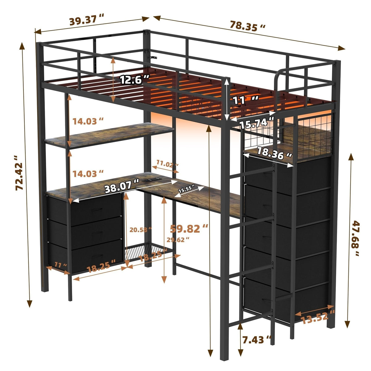SAHISTCT Twin Size Loft Bed with Desk, LED Lights, Charging Station, Industrial Loft Bed Frame with 3 Storage Shelves and 8 Fabric Drawers, Safety Guard & Ladder,LED Metal Twin Size Bunk Bed