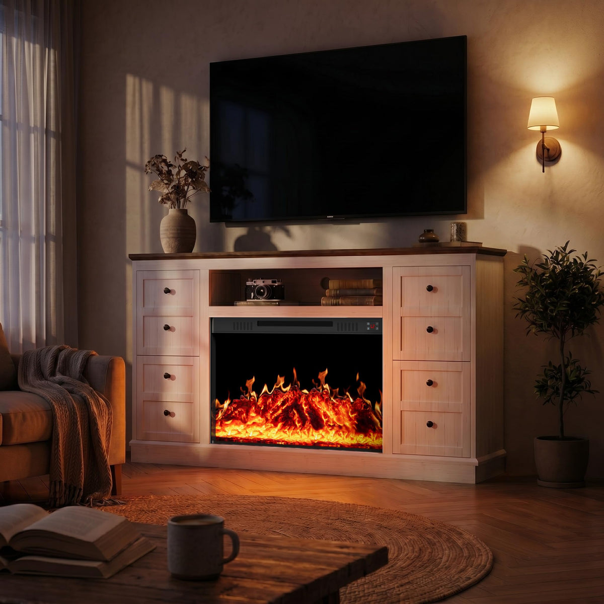 Leramaner 62" Farmhouse Fireplace TV Stand for up to 75" TV, White