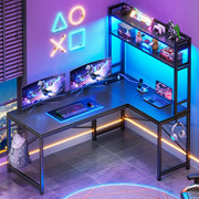 L-Shaped Corner Desk with Power Outlet & LED Lights