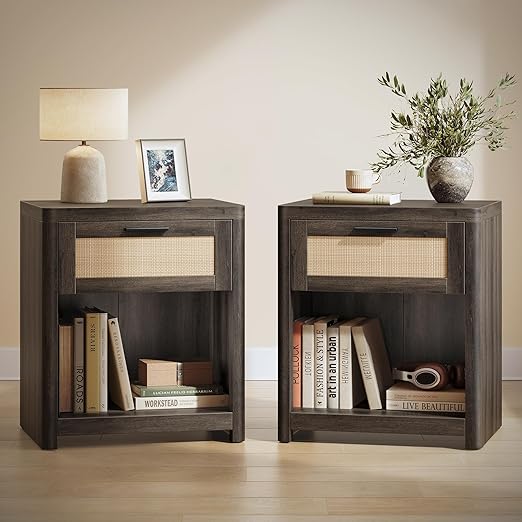 Boho Rattan-Look Nightstands with Drawer – Set of 2