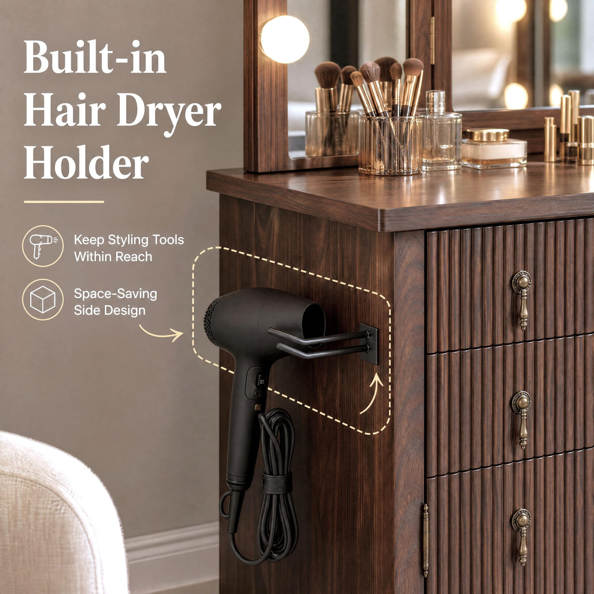 Walnut Vanity Desk with Lighted Mirror