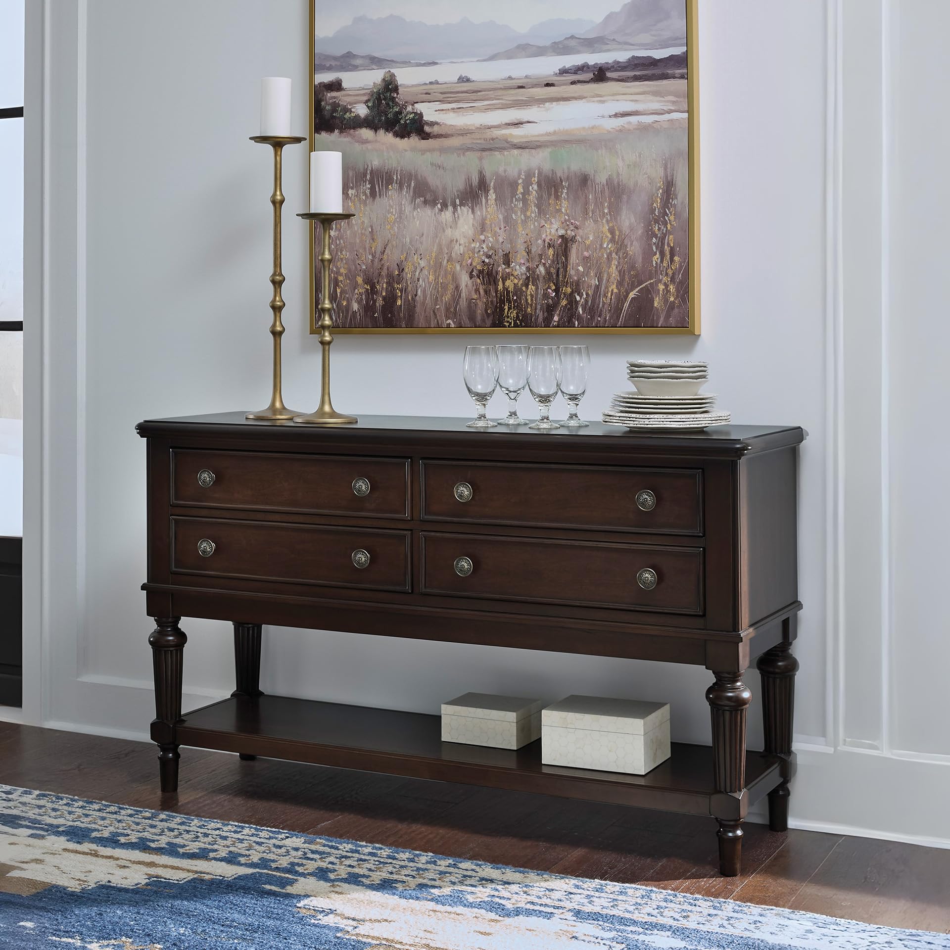 Signature Design by Ashley Lavinton Classic 4-Drawer Dining Server with Open Shelf, Dark Brown