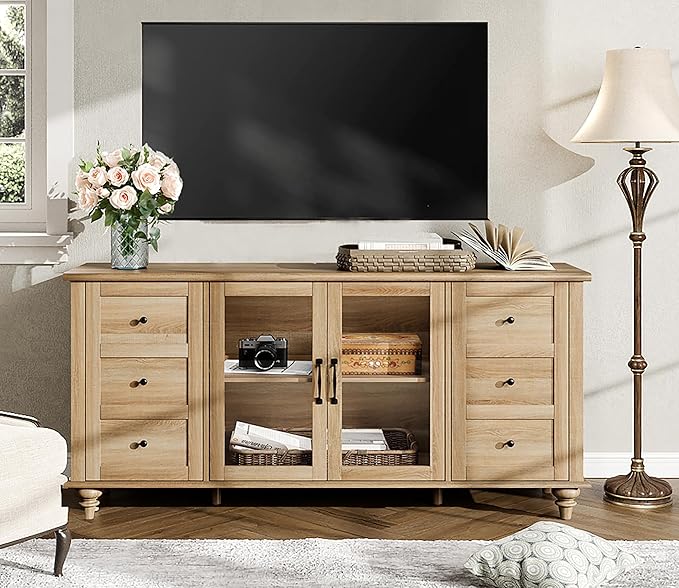 58" Farmhouse TV Stand with Glass Doors & Adjustable Shelf