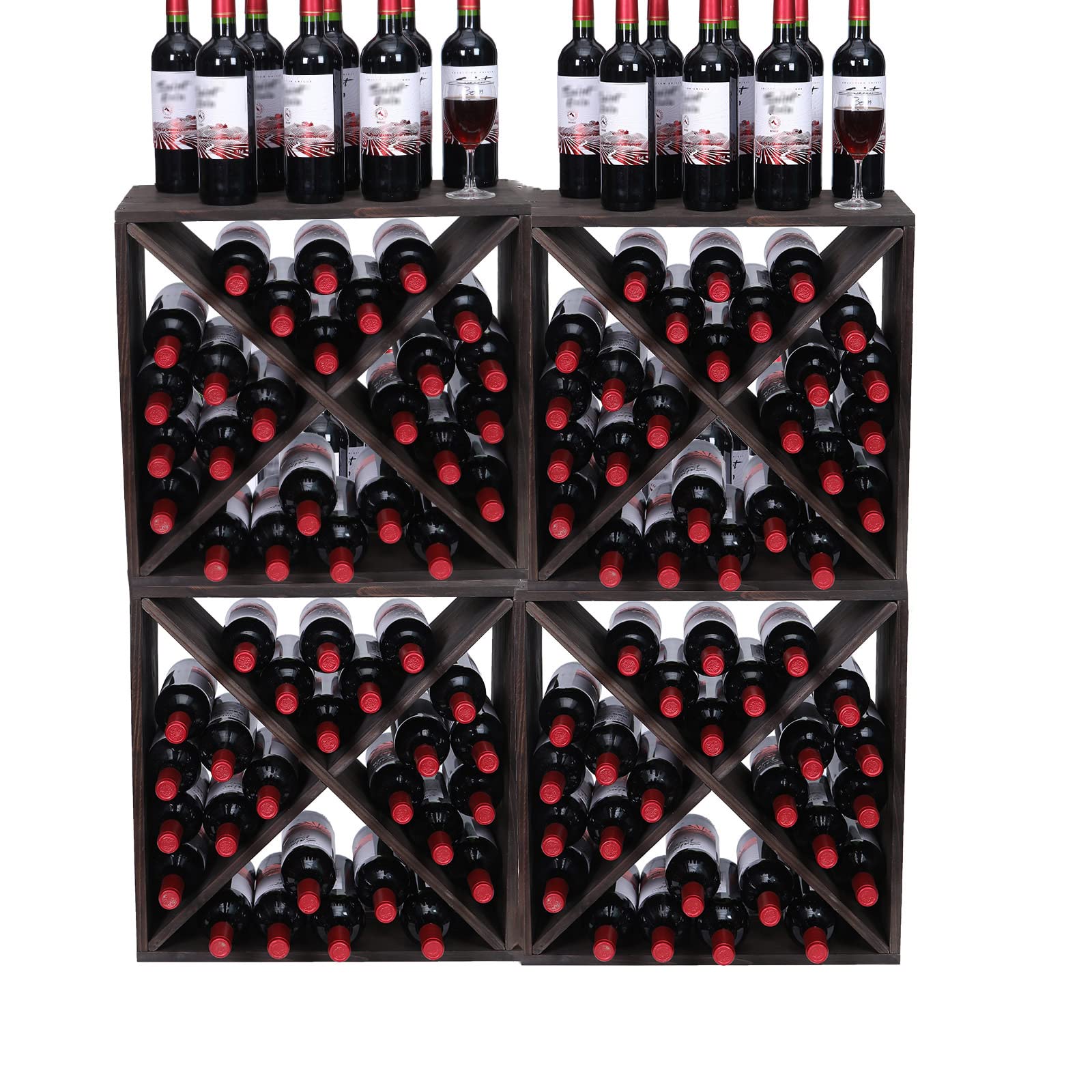 FDHUIJIA Wine Rack Cabinet countertop Wooden Stackable Storage Retro Cube freestanding Floor Wine Bottle Holder Stand(96BottleBlack)