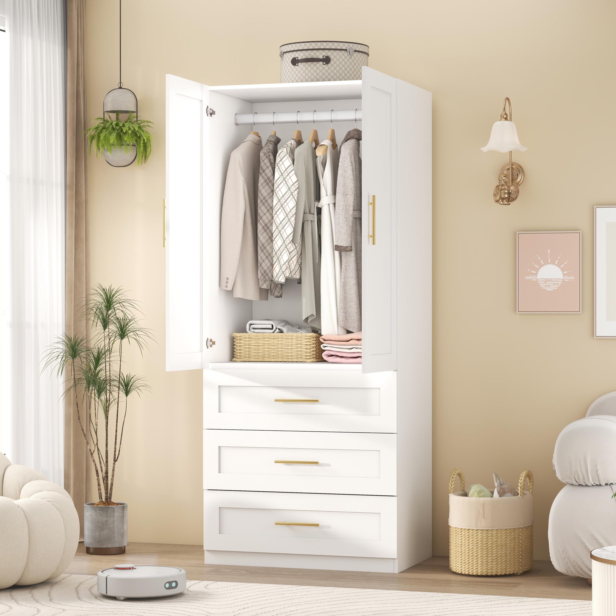 Wardrobe Closet with Drawers & Hanging Rod