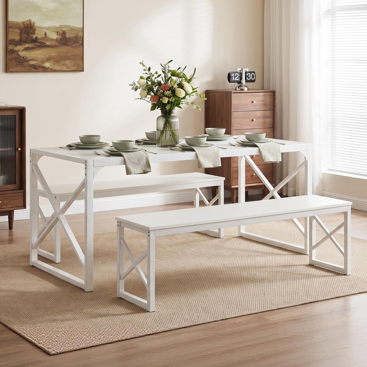 White Dining Table Set with Benches