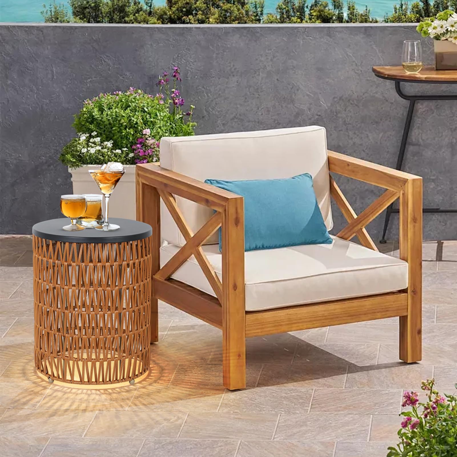 Boho Outdoor Side Table Set of 2 with Dimmable Light