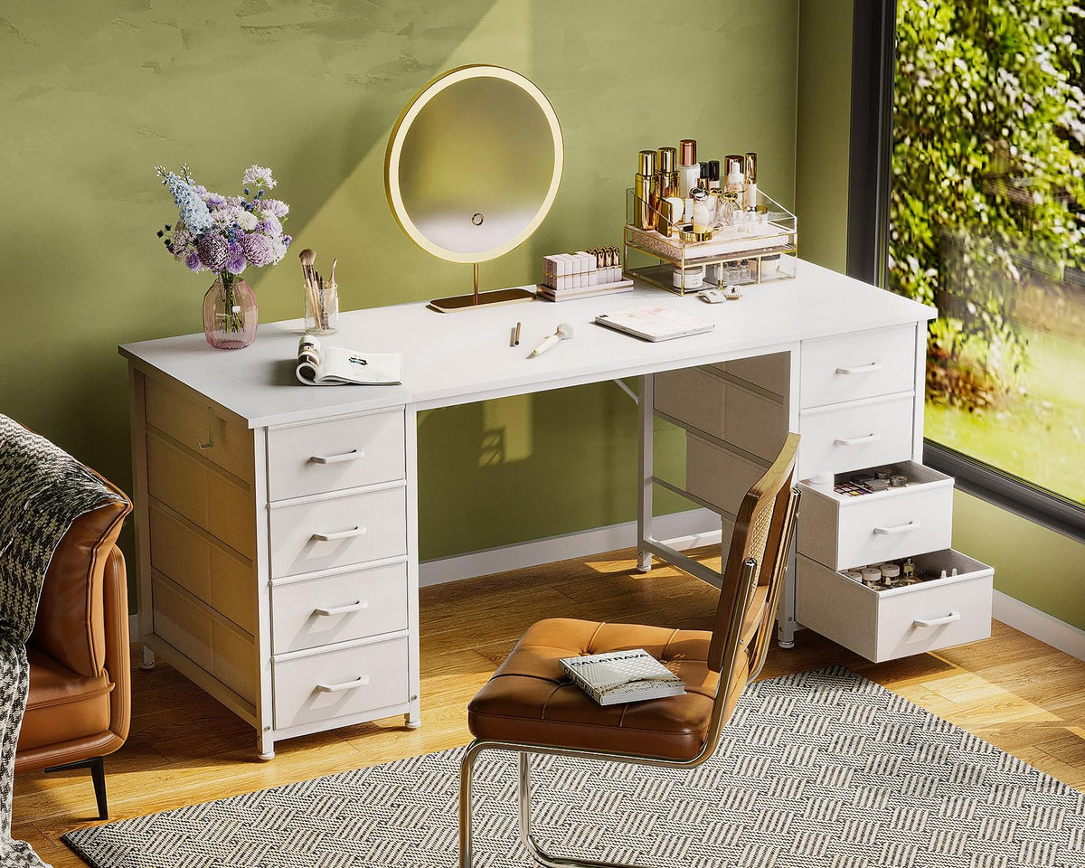 White Computer Desk with 8 Drawers