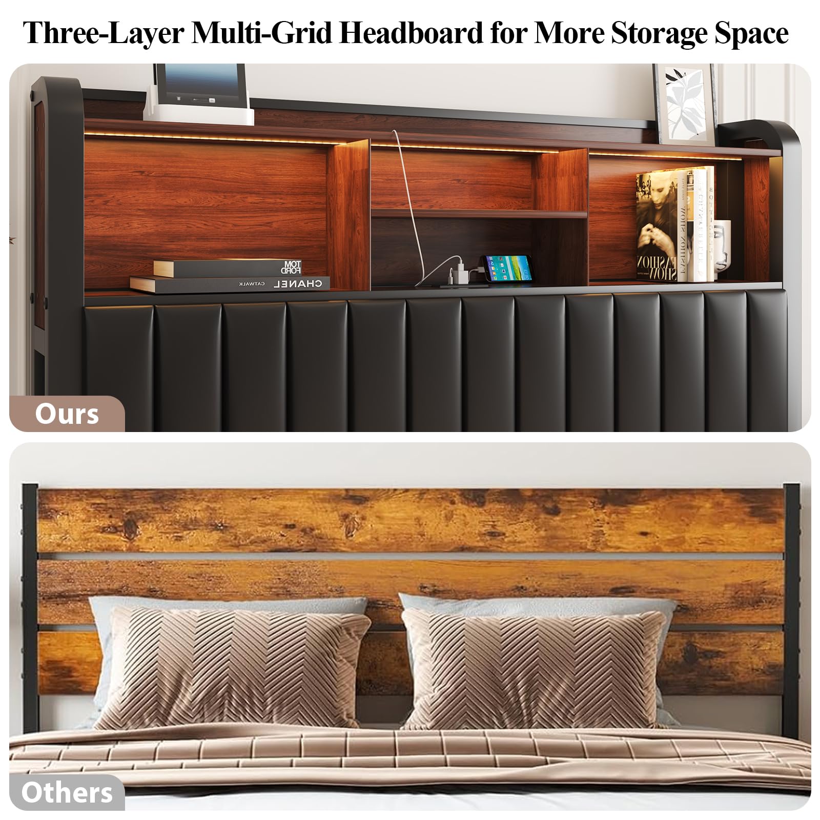 LoVinson Full Bed Frame with 3-Tier Storage Headboard & LED Lights, Upholstered PU Leather Platform Bed with Charging Station, Metal Slats, No Box Spring Needed, Black
