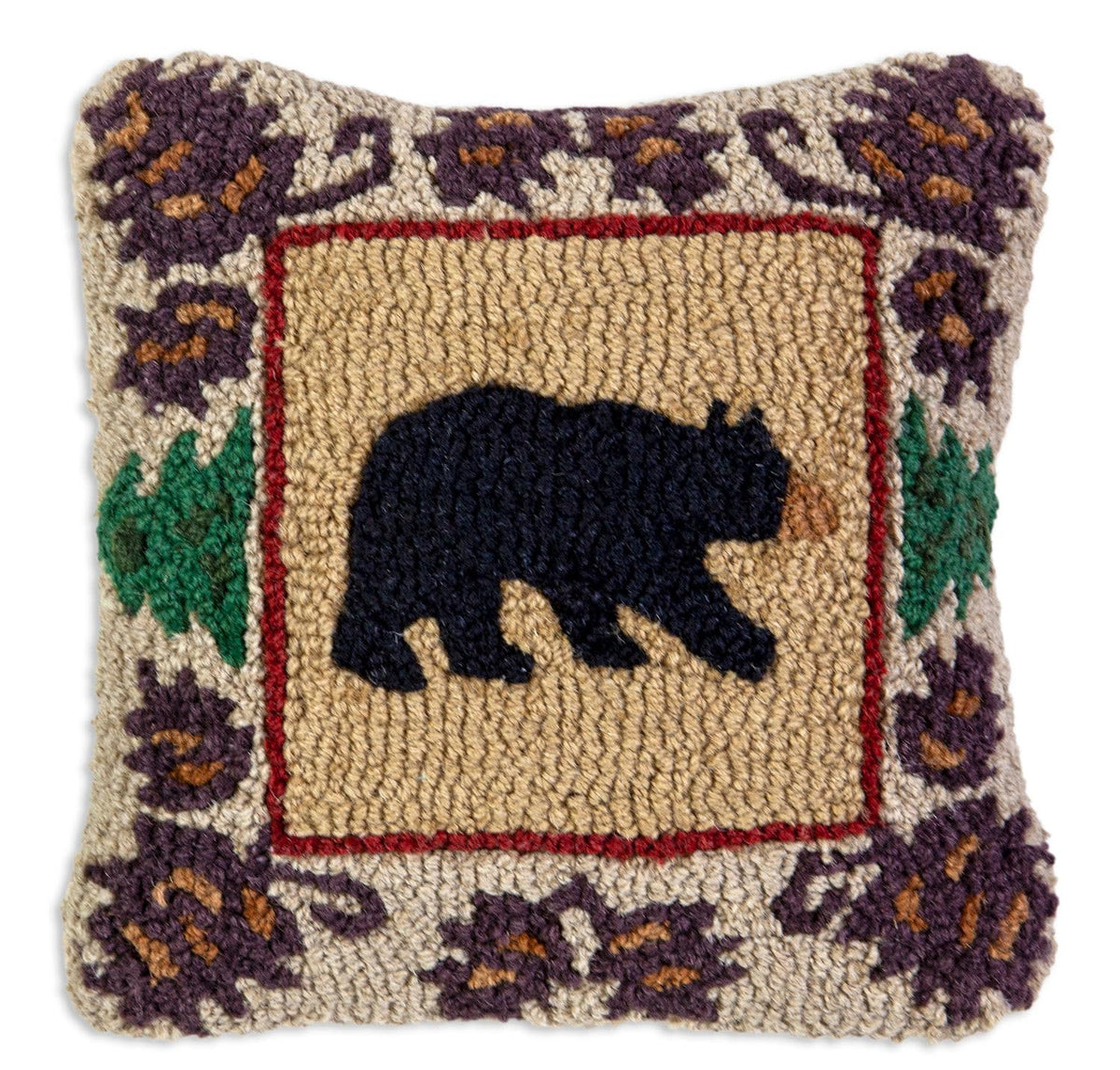 Bear Hand-Hooked Wool Throw Pillow