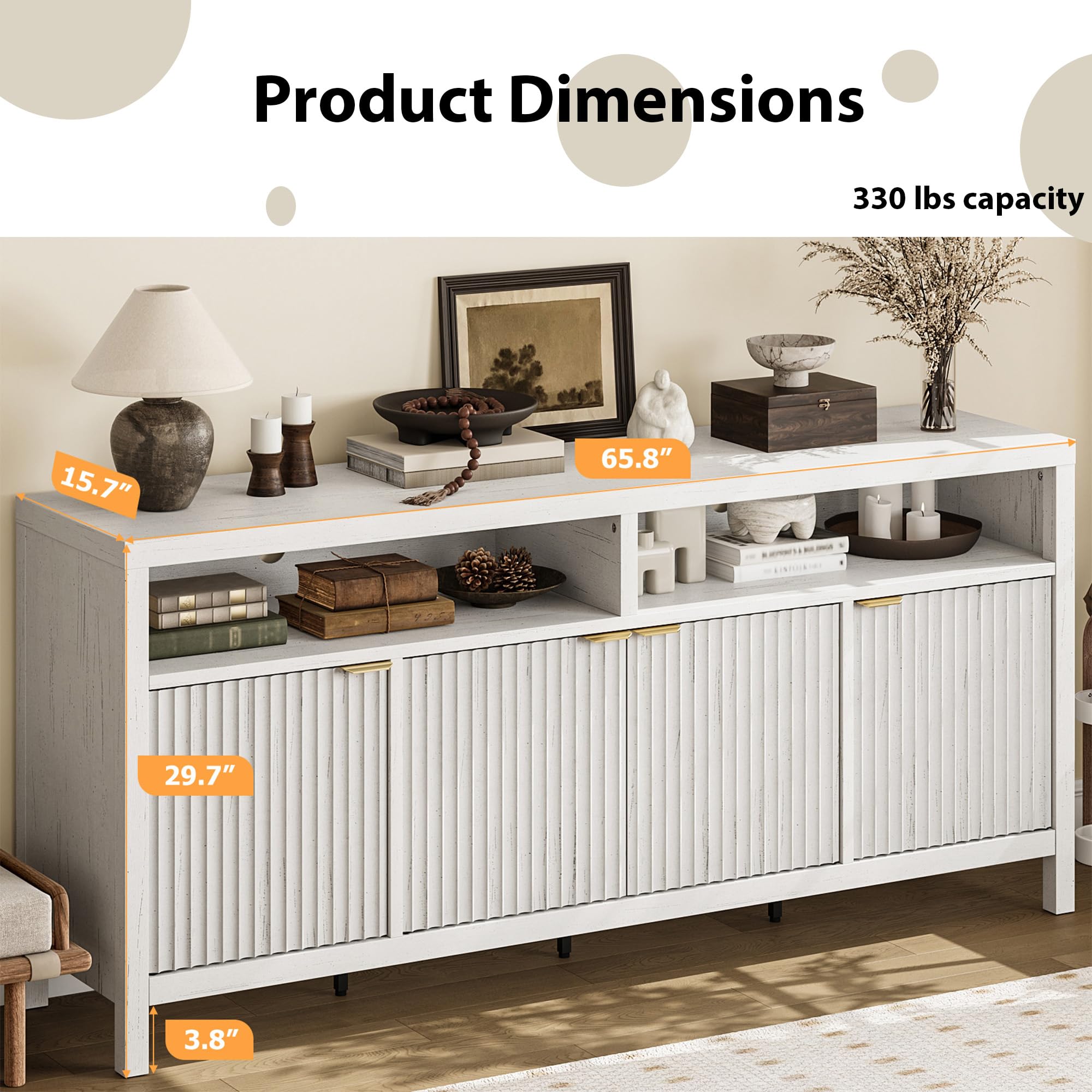GarveeLife 65 Inch Fluted Sideboard Buffet Cabinet with Storage, Modern Wood Sideboard Cabinet with 4 Doors, Buffets & Sideboards for Kitchen,Dining Room,Living Room,Hallway,White