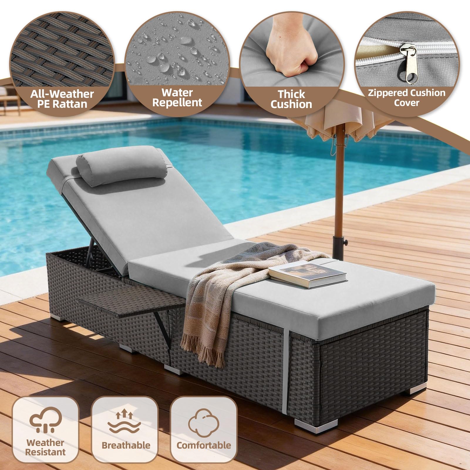 Outdoor Reclining Chaise Lounge Set of 2 with Cushion & Side Tray