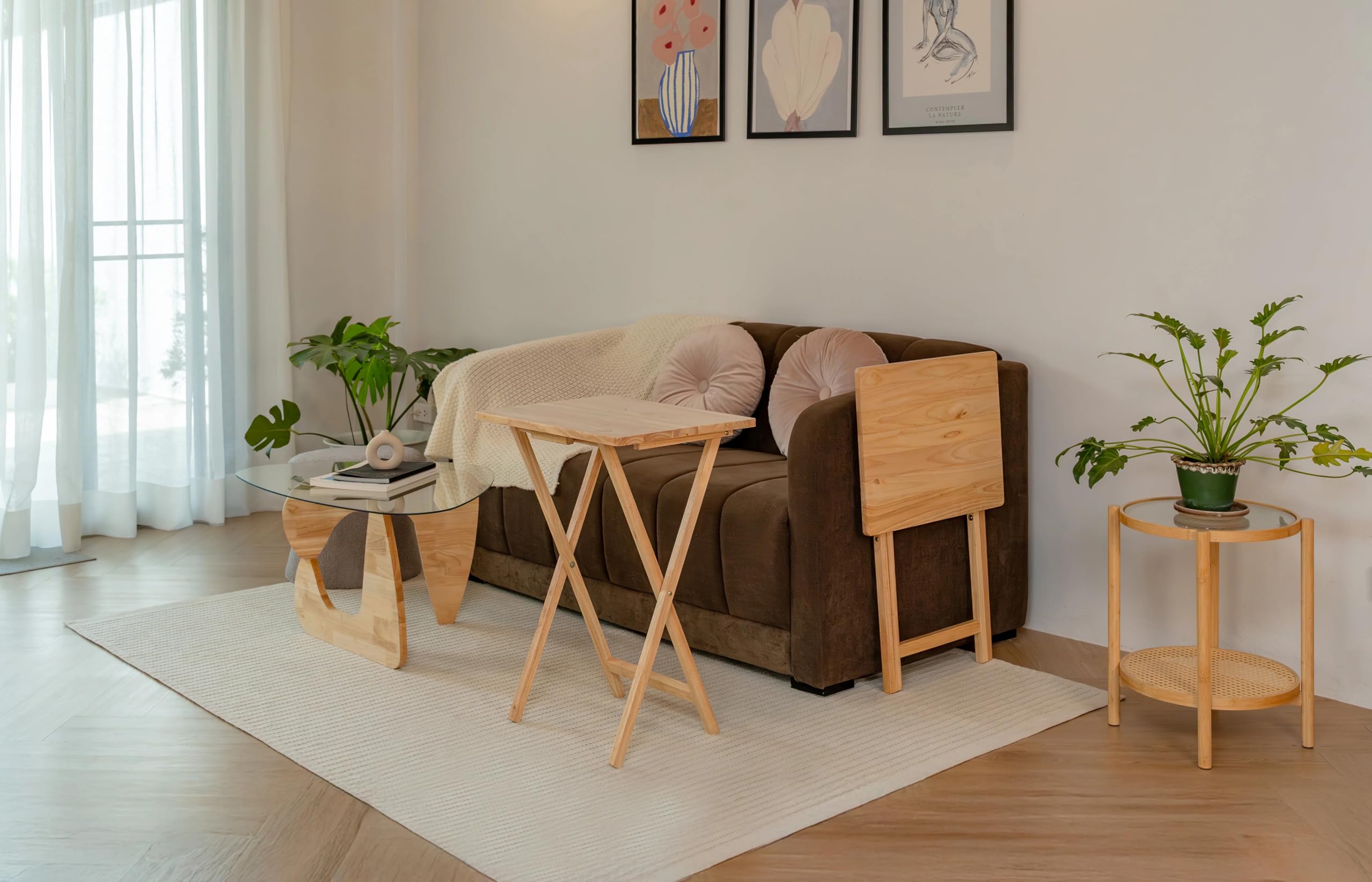 Rubberwood Folding Tray Table Set (2-Piece), Natural Wood Finish, Dimensions: 19 x 14.5 x 26 inches, Portable, Space-Saving, Snack Table, Picnic Table, No Assembly Required