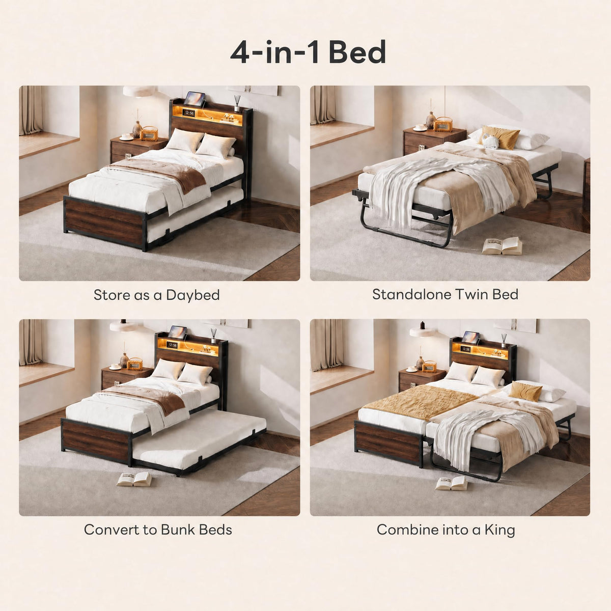 LIKIMIO  Twin Daybed with Trundle, LED Lights and Charging Station