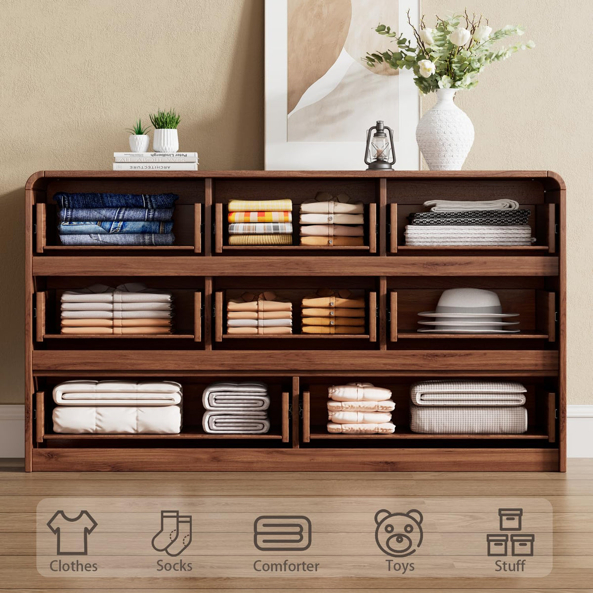 Ieejdn 47.2" Dresser with 6 Drawer, Wide Dresser with Recessed Glass Display & Silent Metal Rails, Handleless Chest of Drawers for Clothes, and Bedding, Walnut