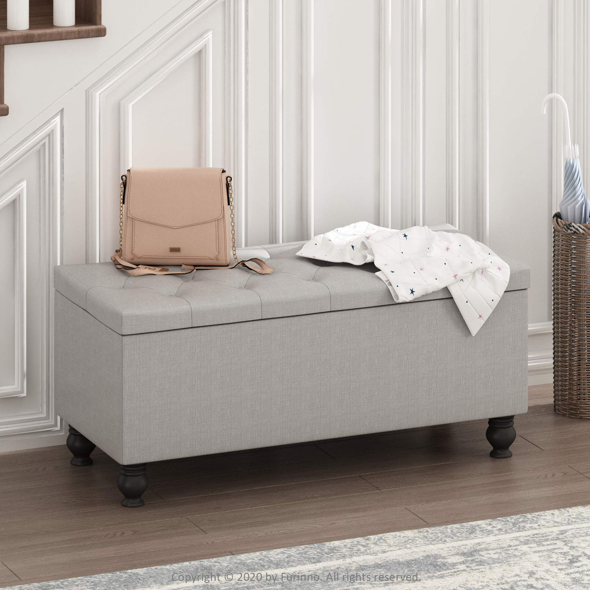 FURINNO Laval Button Tufted Storage Ottoman Bench for Entryway and Bedroom, Glacier