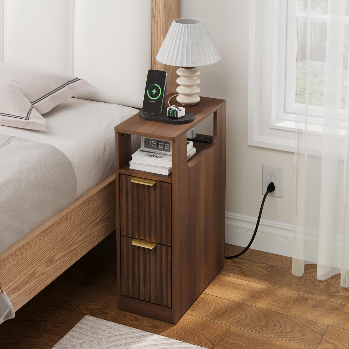 JUSTOGO Narrow Nightstand Set of 2, Fluted End Table with Charging Station
