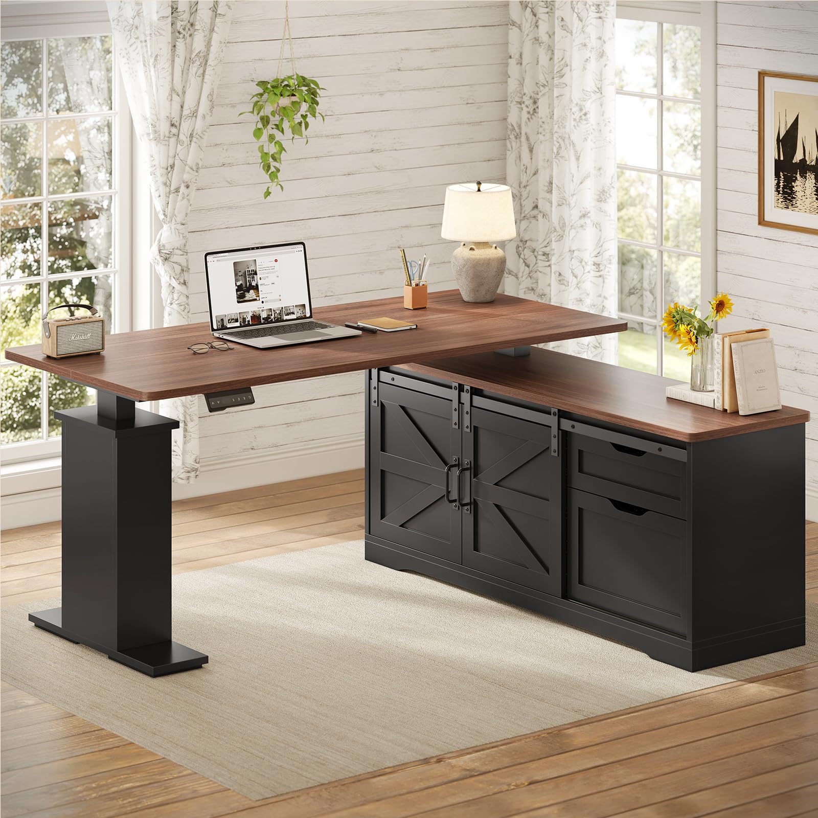 L-Shaped Standing Desk with Drawers & Power Outlets