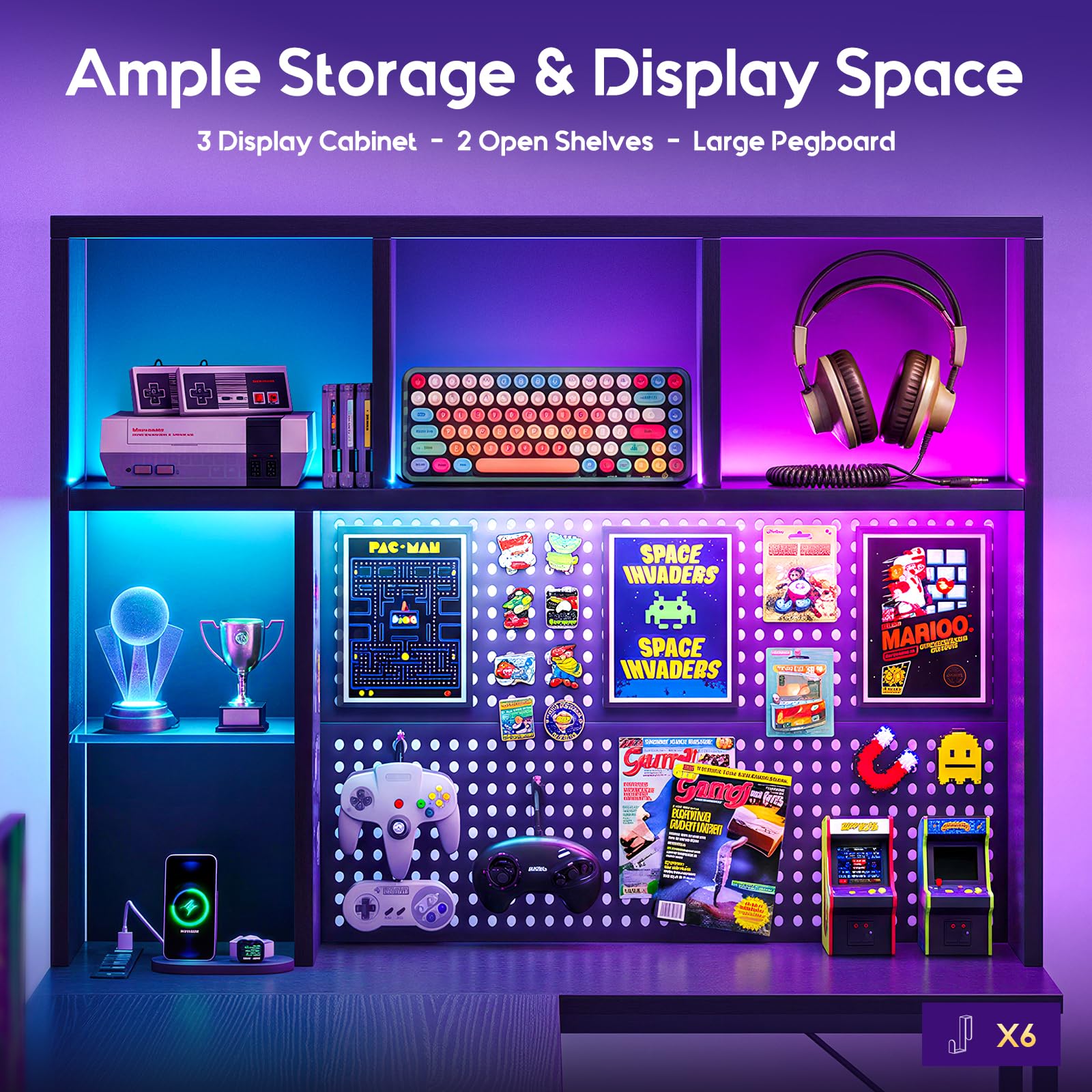 L-Shaped Gaming Desk with Hutch, Pegboard & LED Lights