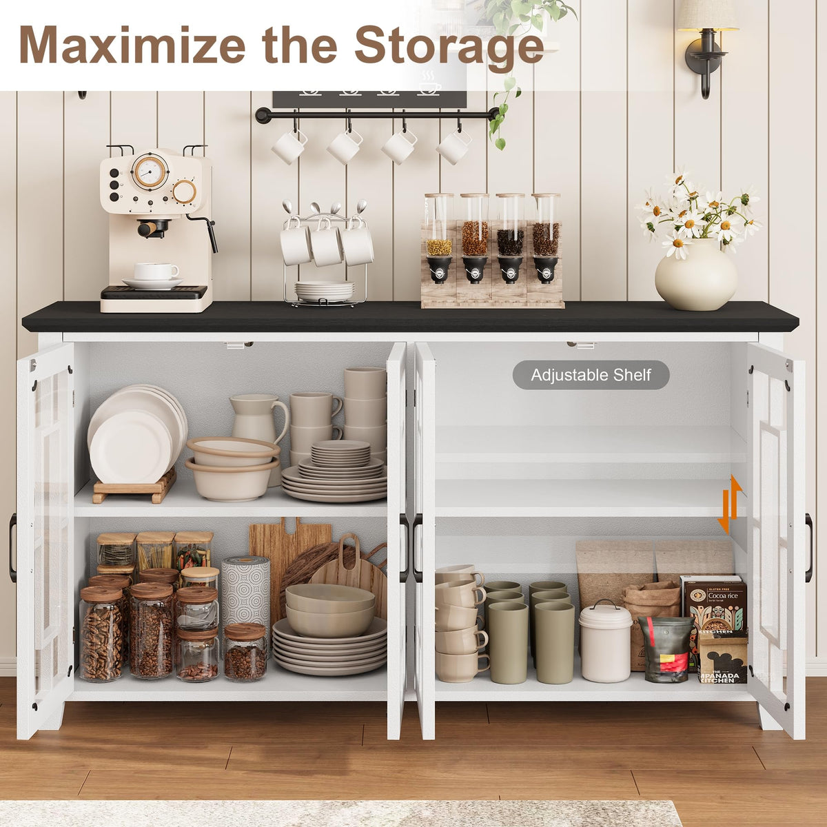 Garvee 63" Sideboard Buffet Cabinet with Storage and 4 Tempered Glass Doors