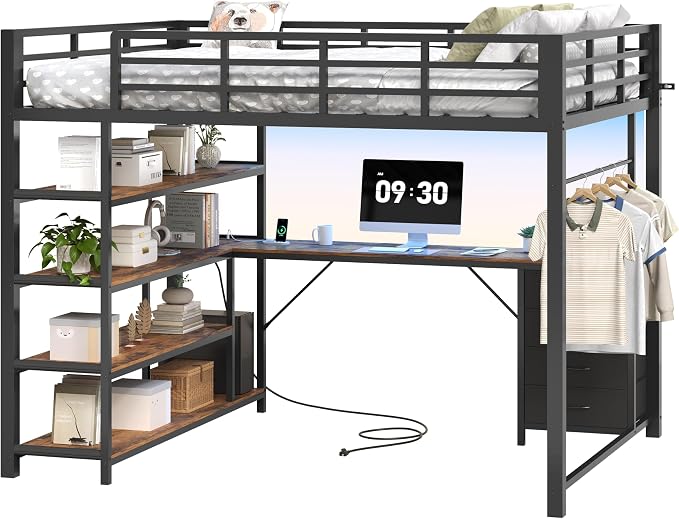 Metal Loft Bed with Desk & Storage