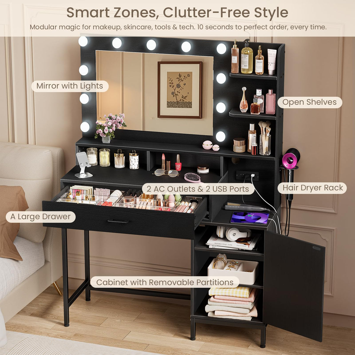 Driftalia Makeup Vanity Desk with Lighted Mirror & Power Outlets, Black
