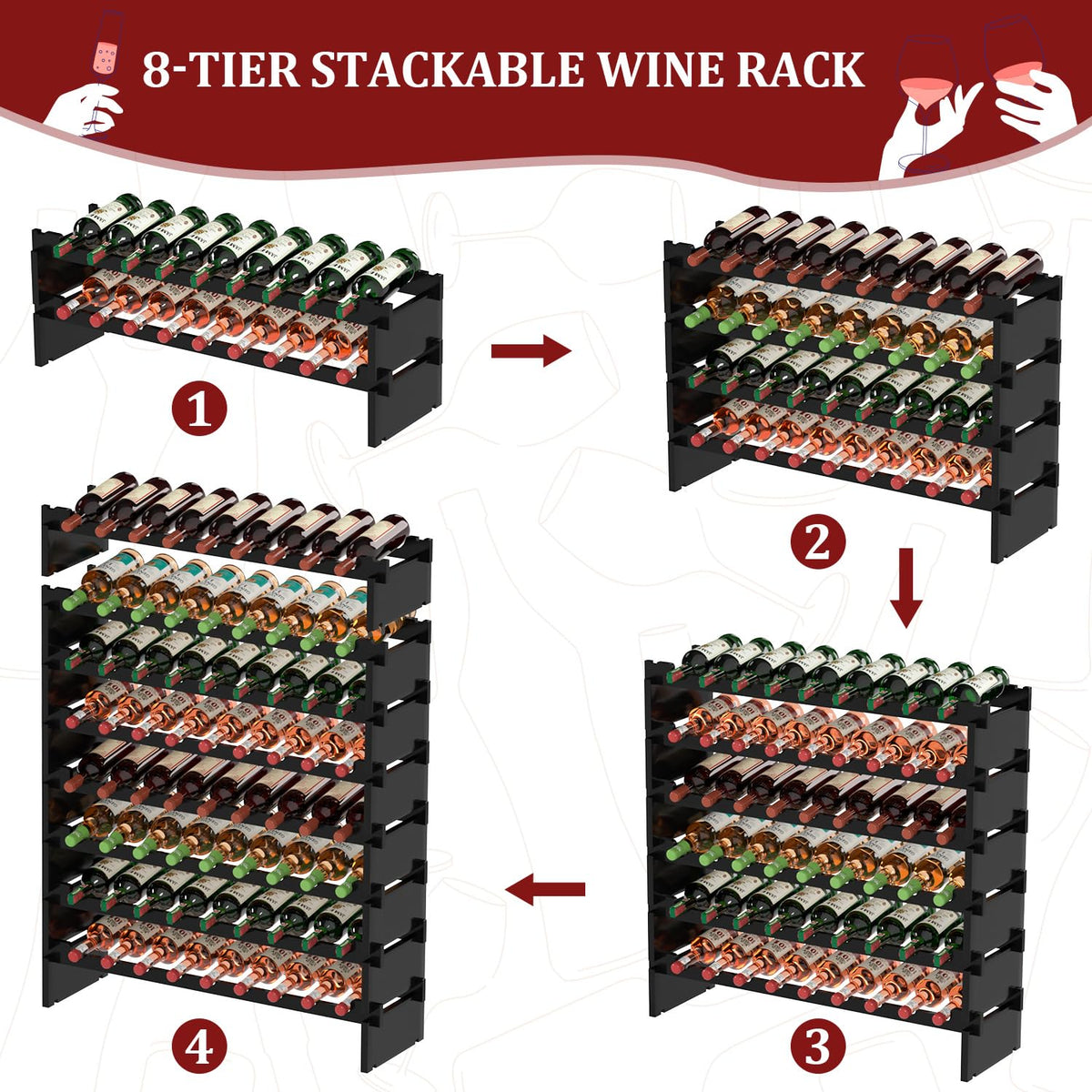 Domax Wine Rack Freestanding Floor - 8 Tiers Wine Bottle Holder 72 Bottle Stackable Bamboo Wooden Storage Racks Shelves for Kitchen, Bar, Pantry and Cellar (Black)