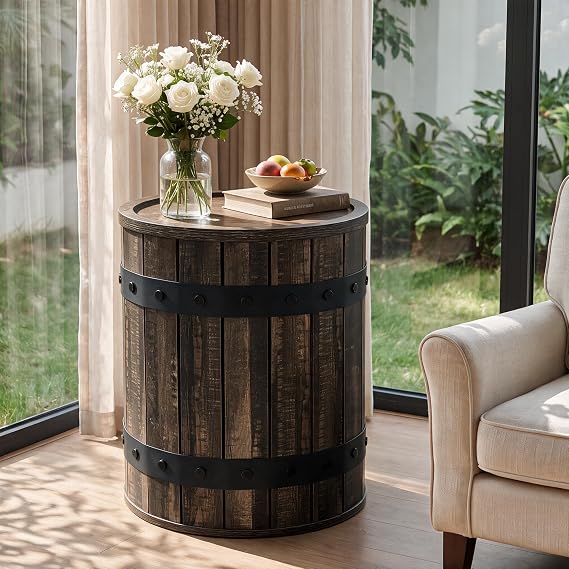 Rustic Barrel Storage Side Table
