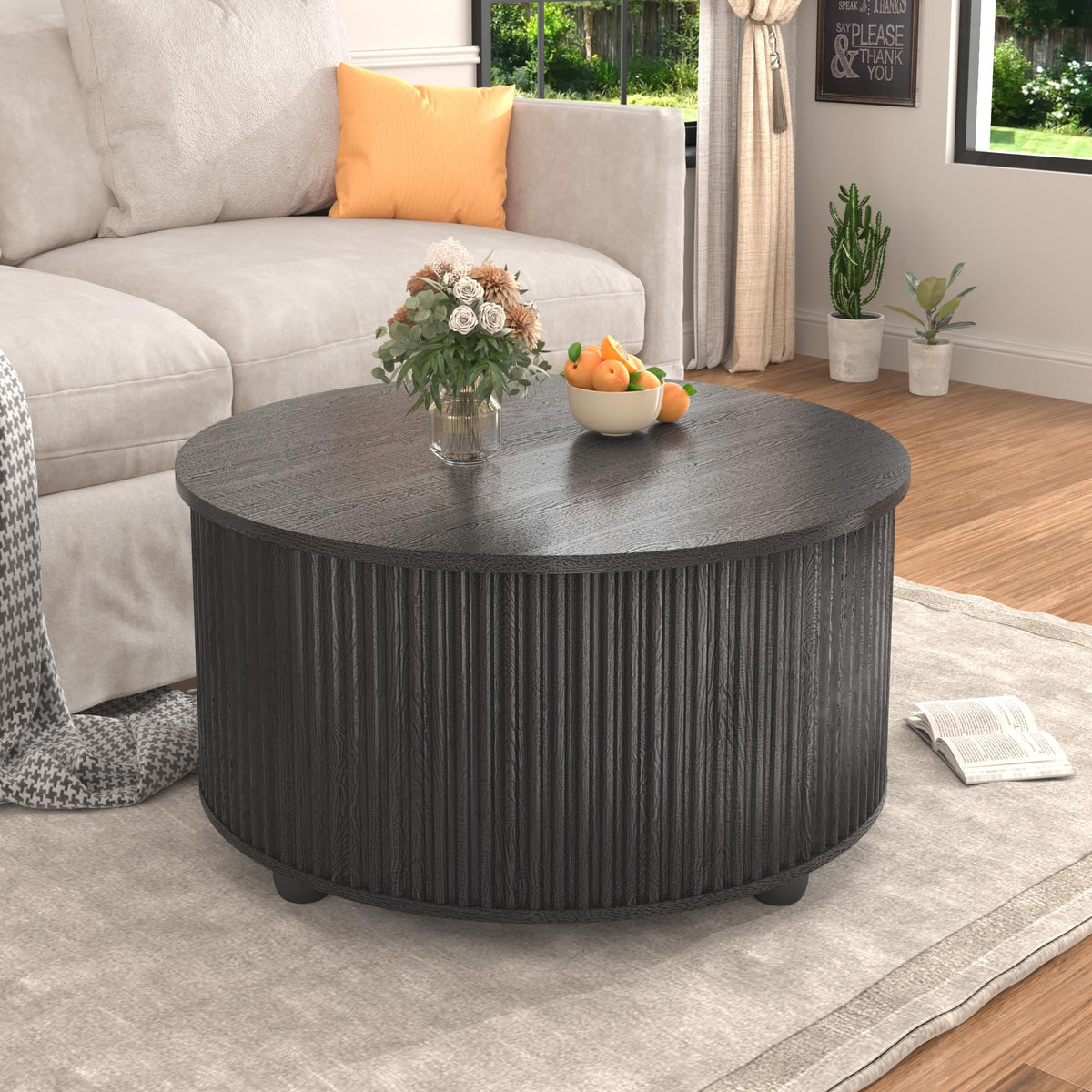 Lift Top Coffee Table w/Storage for Living Room, 35" Modern Round Fluted Coffee Tables w/Large Hidden Space, Wood Living Room Table w/Gas Lift, Center Table for Bedroom, Home Office,Black