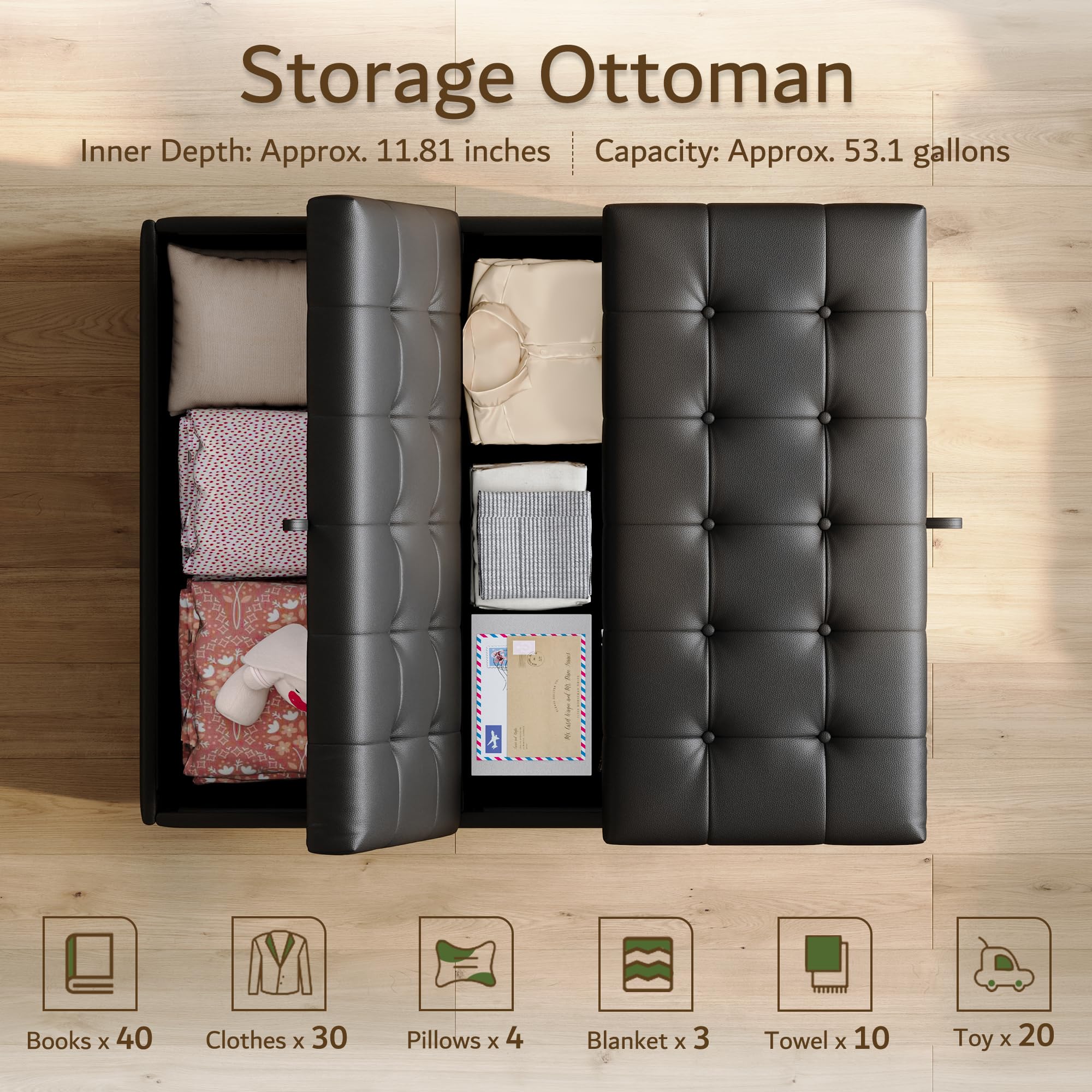 Large Square Lift-Top Storage Ottoman with Faux Leather
