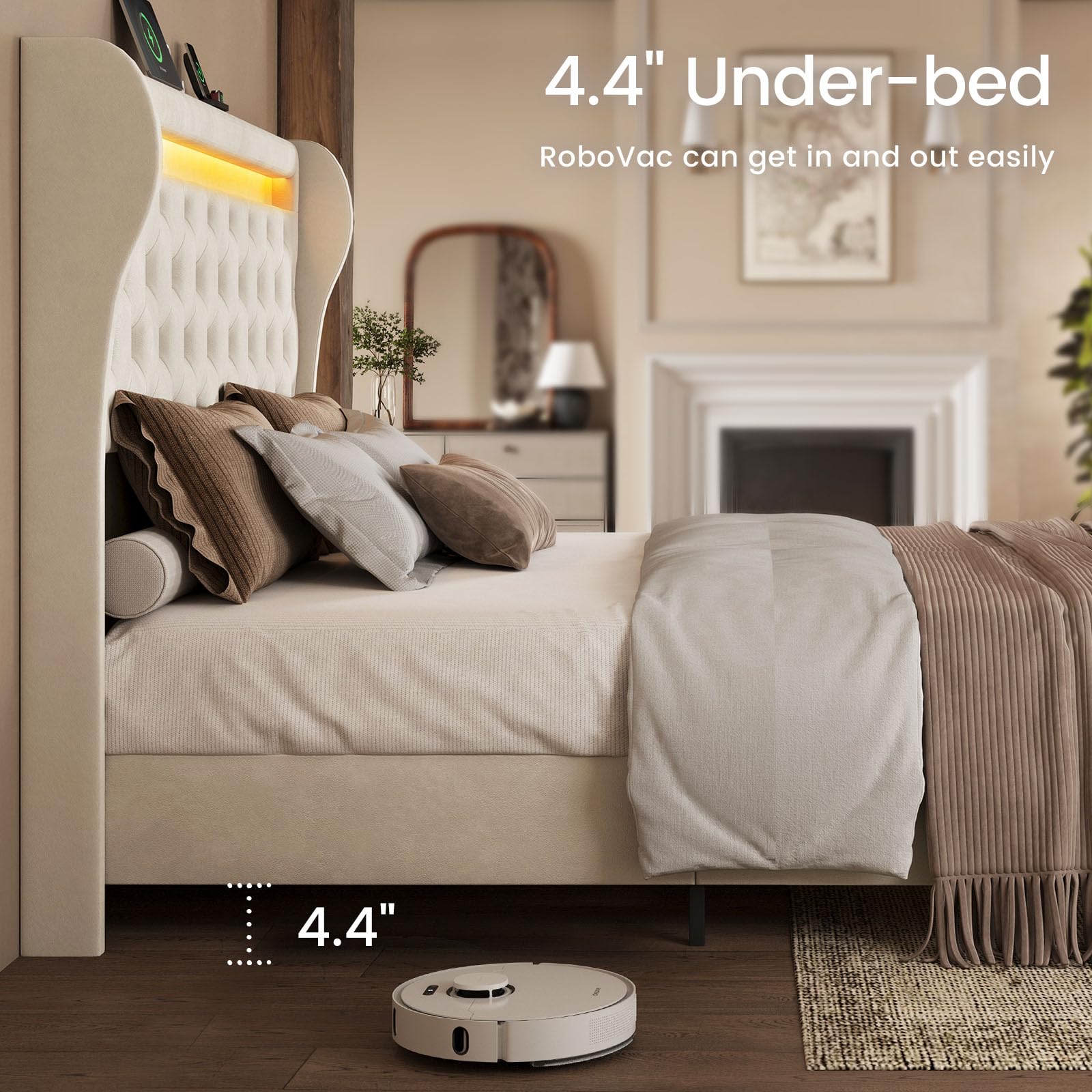 Upholstered Velvet Platform Bed Frame with LED Lights & Charging Ports