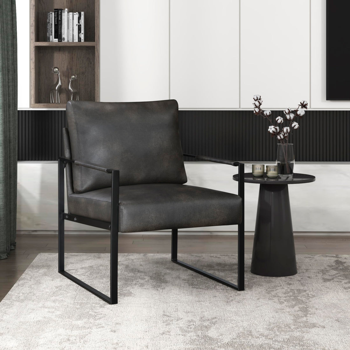 Lexicon Faux Leather Accent Chair, Exposed Metal Frame, Charcoal Brown